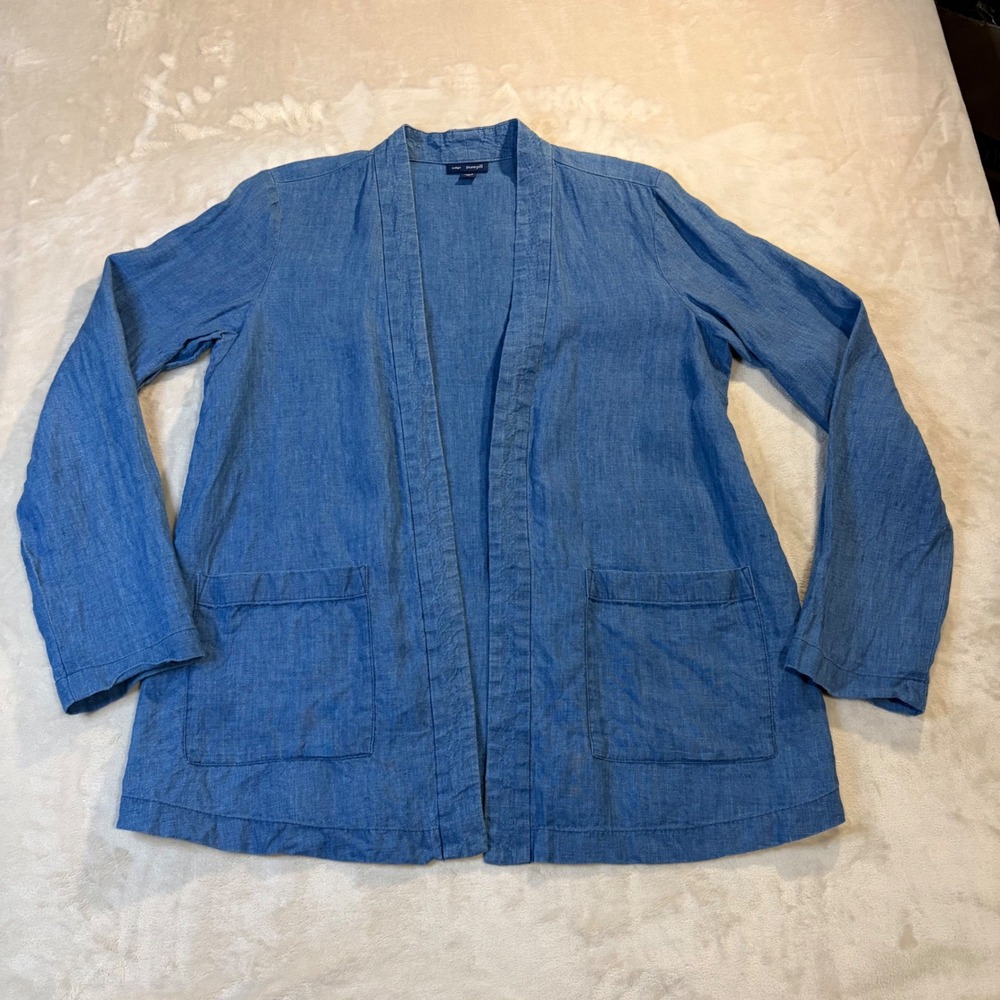 Pure Jill Indigo Blue 100% Linen Open Front Cardigan Jacket Pockets Womens Small